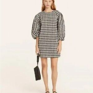 Puff-sleeve mini dress in textured plaid